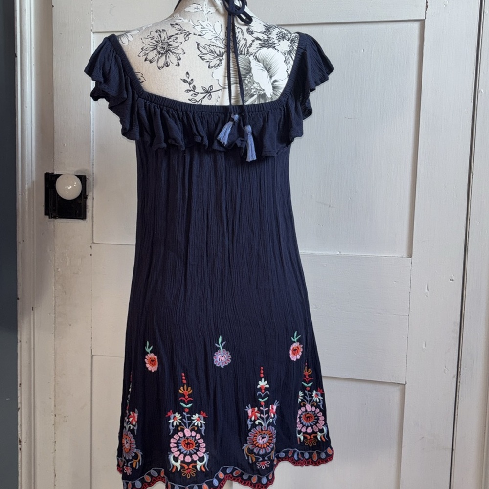 Halter Top Summer Dress Navy Flirty Floral Embroidery Ruffle Off Shoulder XS Y2K - Picture 6 of 9